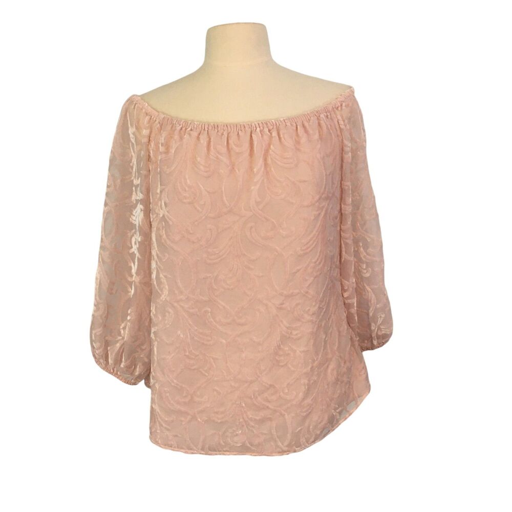 White House Black Market Velvet Off the‎ Shoulder LIght Pink Blouse, Top, M